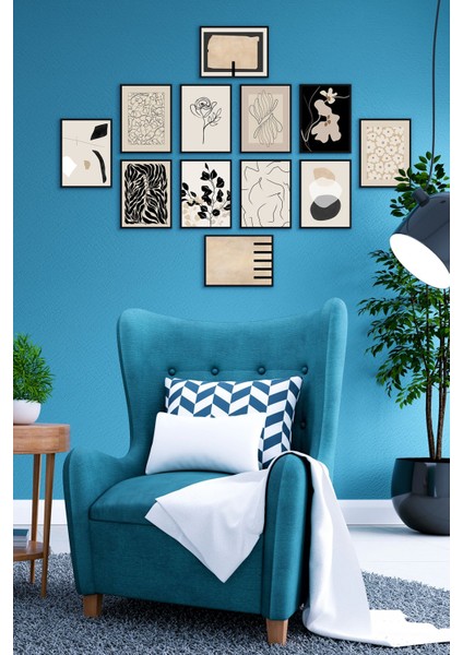 Siyah Çerçeveli 12 Parça Mdf Tablo Seti, Çoklu Baskı Dekorasyon