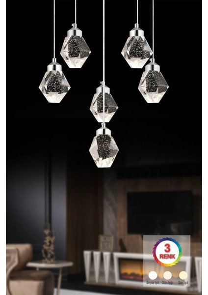 Istanbul Avize Kabarcıklı Liya 6'lı Gümüş Kumandalı 3 Renk Ledli Modern LED Avize modelleri