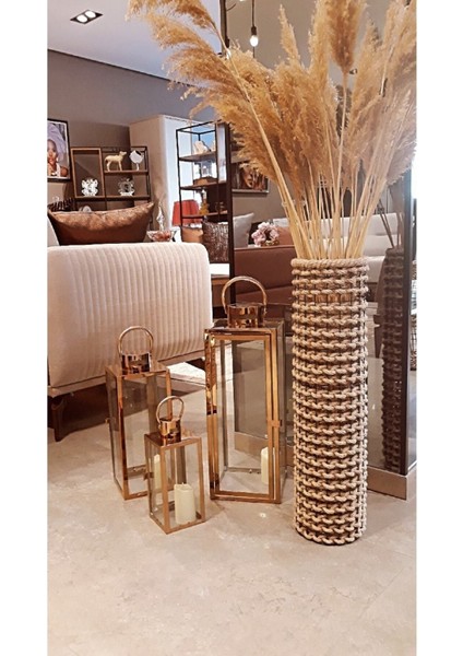 Bej Renkli Metal Tel Hasır Dekoratif Vazo 60 cm