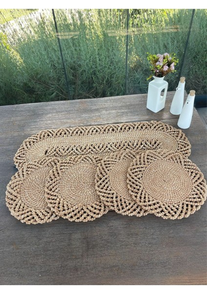 4 Kişilik Hasır Görünümünde Sofra Seti, Amerikan Servis ve Runner, Leke Tutmaz Natural