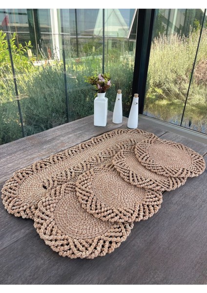 4 Kişilik Hasır Görünümünde Sofra Seti, Amerikan Servis ve Runner, Leke Tutmaz Natural fiyatları