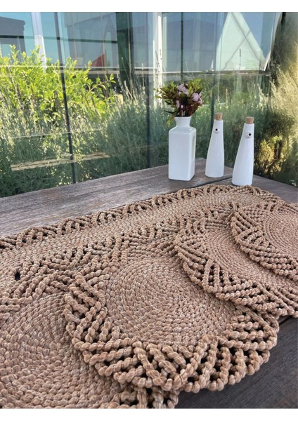 4 Kişilik Hasır Görünümünde Sofra Seti, Amerikan Servis ve Runner, Leke Tutmaz Natural modelleri