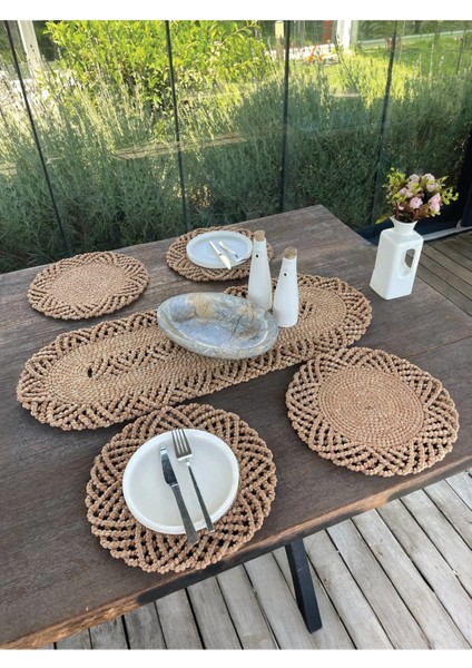 4 Kişilik Hasır Görünümünde Sofra Seti, Amerikan Servis ve Runner, Leke Tutmaz Natural fırsatları