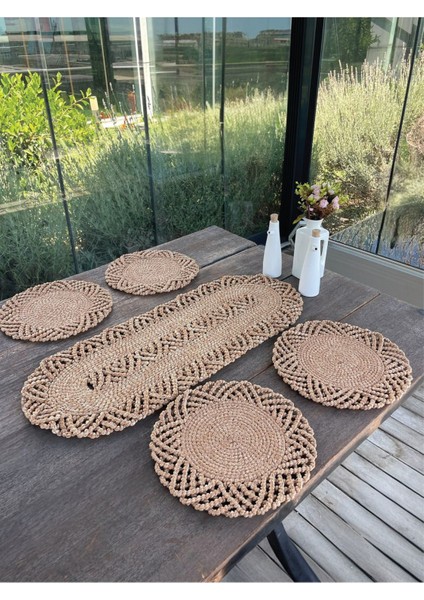 4 Kişilik Hasır Görünümünde Sofra Seti, Amerikan Servis ve Runner, Leke Tutmaz Natural indirimleri