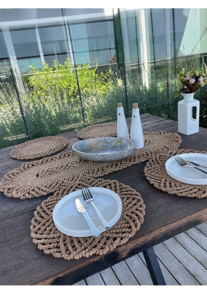 4 Kişilik Hasır Görünümünde Sofra Seti, Amerikan Servis ve Runner, Leke Tutmaz Natural