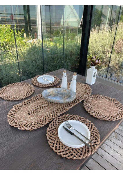 4 Kişilik Hasır Görünümünde Sofra Seti, Amerikan Servis ve Runner, Leke Tutmaz Natural