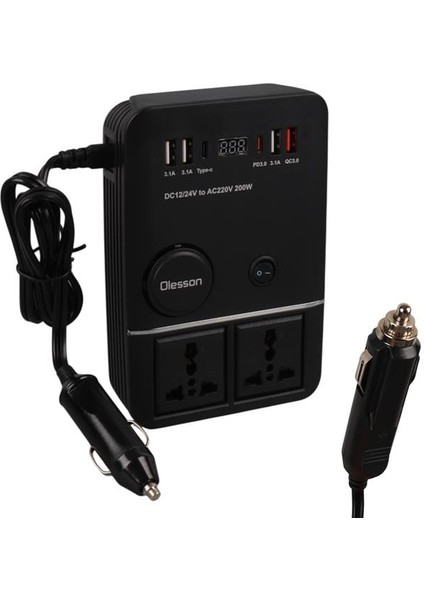 Olesson 1661 Dc 12-24V 200W Oto Araç Power Inverter 2x Çakmak Girişi - 2x Type-C - 4x USB - 2x 220V Üniversal Priz