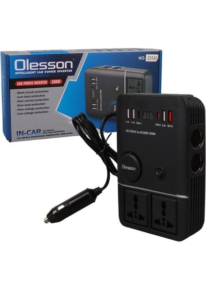 Olesson 1661 Dc 12-24V 200W Oto Araç Power Inverter 2x Çakmak Girişi - 2x Type-C - 4x USB - 2x 220V Üniversal Priz indirimleri