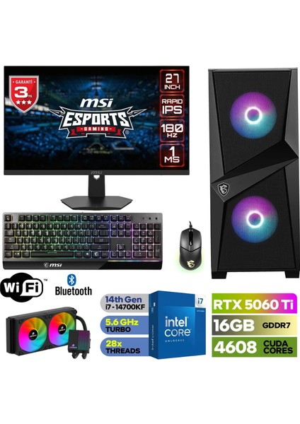 Msı-Şafak-Gaming Pc DDR5-27”180HZ 1ms-rtx 5060Tİ 16GB– Intel I7 14700KF – 32GB-64GB Ddr5 Ram-1tb M.2 Ssd– Klavye Mouse-Sıvı Sogutma