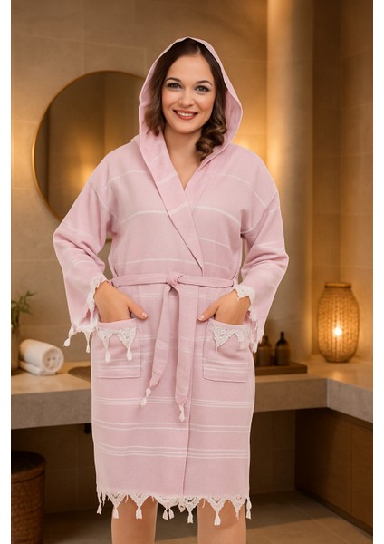 Unisex Sultan Püskül Modelli Deniz-Havuz-Plaj-Banyo-Sauna-Spa Peştemal Bornoz-Pamuklu-Mor