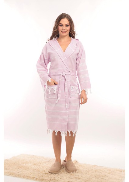 Unisex Sultan Püskül Modelli Deniz-Havuz-Plaj-Banyo-Sauna-Spa Peştemal Bornoz-Pamuklu-Mor
