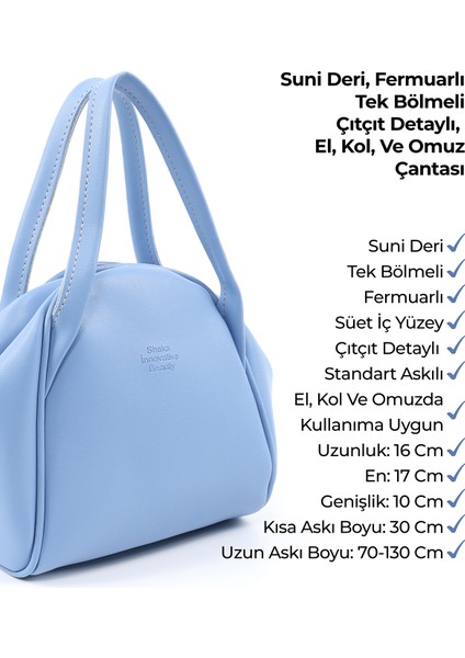 Mavi SHK132 Suni Deri, Fermuarlı Tek Bölmeli, Çıtçıt Detaylı ,el, Kol ve Omuz Çantası