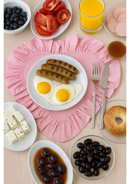 1 Adet Keten Kalp Amerikan Servis | Pudra Pembe Fırfırlı Romantik Supla