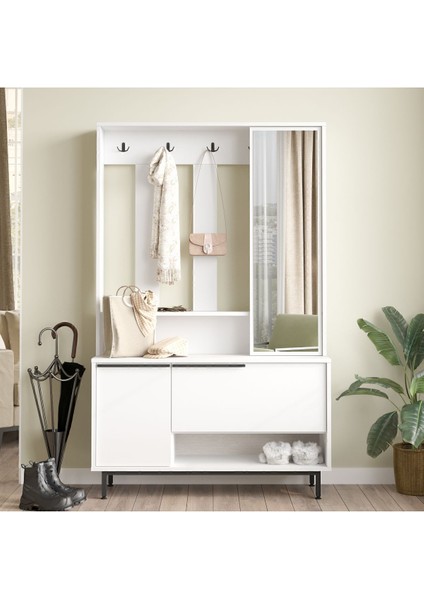 Bohem Portmanto Vestiyer Ayakkabılık Aynalı Metal Ayaklı Beyaz BOH11-W
