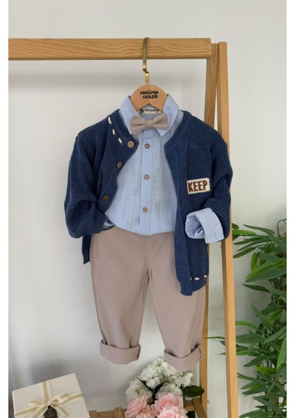 Keep Işleme Triko Hırkalı Erkek Çocuk Papyonlu 4 lü takım - Indigo