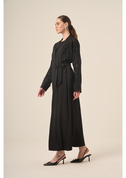 Si̇yah Iki̇ Parça Reglan Kol Kri̇stal Taş Işlemeli̇ Seyyar Kemerli̇ Abaya 6520-25 Siyah fiyatları