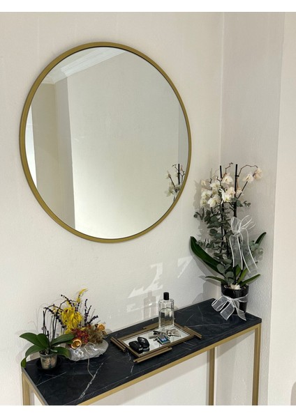 Altın Renkli Yuvarlak Dekoratif Ayna 80 cm Çap