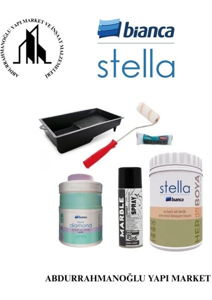 Stella Boya 5 Parçalı Set ( 1lt Boya - Liquid Diamond - Boya Tavası- Stella Ipek Fırça - Kadife Rulo )