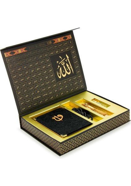 Kabe Desenli Esmaül Hüsna Baskılı Kutulu Kadife Kaplı Kuranı Kerim Tesbih Esans Seti indirimleri