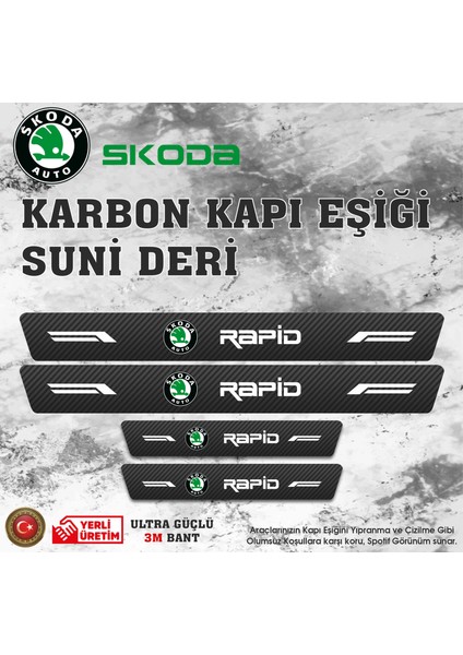 Skoda Rapid Uyumlu Deri Karbon Kapı Eşiği Koruyucu Bant 4 Adet