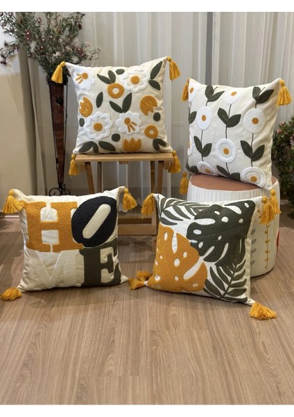 4'lü Çiçekli Punch Işlemeli Nakışlı Dekoratif Premium Kırlent Kılıfı