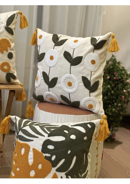 4'lü Çiçekli Punch Işlemeli Nakışlı Dekoratif Premium Kırlent Kılıfı modelleri