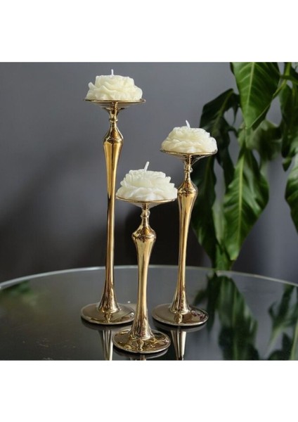 3'lü Cam Mumluk ve Şamdan Takımı, Titanyum Gold ve Şakayık Mum ile Şık Dekorasyon