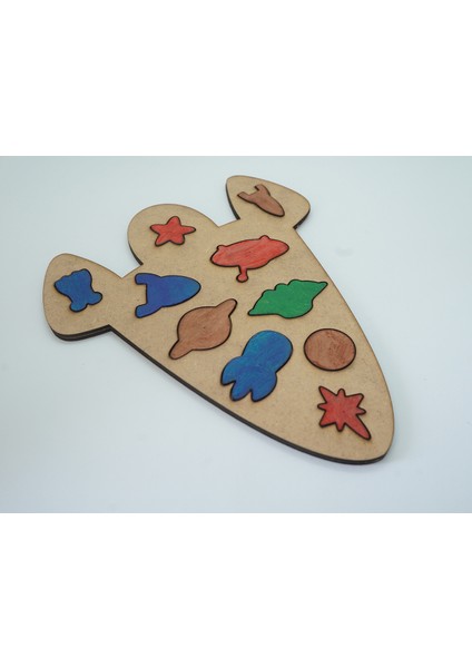 Çocuklar Için Eğitici ve Öğretici Ahşap Yapboz Puzzle Bul Tak Uzay Aracı Mekik Roket Gezegenler