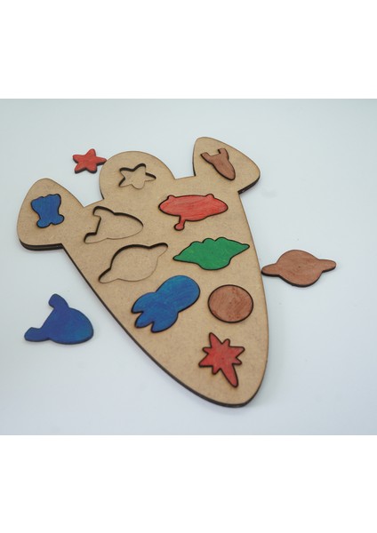 Çocuklar Için Eğitici ve Öğretici Ahşap Yapboz Puzzle Bul Tak Uzay Aracı Mekik Roket Gezegenler modelleri