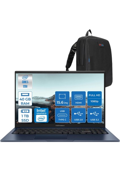 Vivobook X1504VA 15 1.nesil Core 5 120U-40GB-1TB SSD Fhd 15.6inc-Freedos Taşınabilir Bilgisayar ZNJ2861F13+ZETTAÇANTA