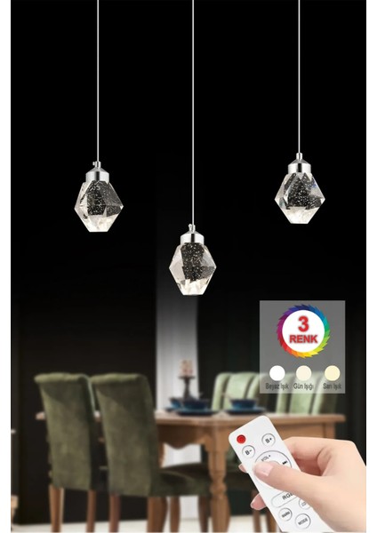 Istanbul Avize Kabarcıklı Yemek Masası Liya 3'lü Gümüş Kumandalı 3 Renk Ledli Modern LED Avize