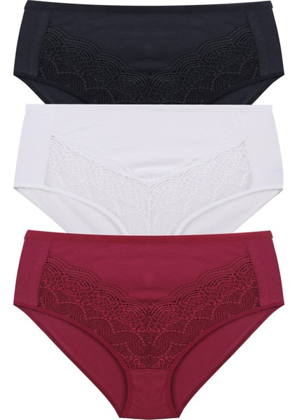 Kadın 3'lü Geniş Kenarlı Dantelli Pamuklu Fitilli Külot