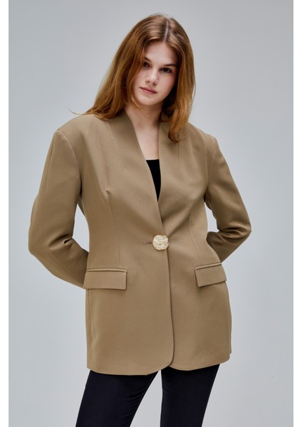 Koyu Haki Salaş Kesim Düğme Detaylı Dokuma Blazer Ceket