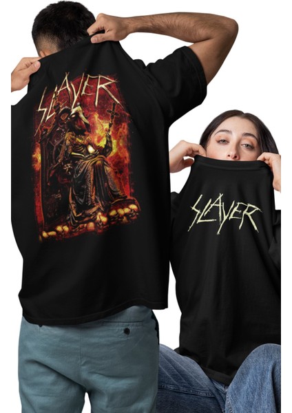 Unisex Slayer Sırt Baskılı Tişört, Oversize Rock Band Temalı Bisiklet Yaka T-Shirt