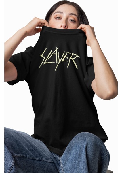 Unisex Slayer Sırt Baskılı Tişört, Oversize Rock Band Temalı Bisiklet Yaka T-Shirt fiyatları