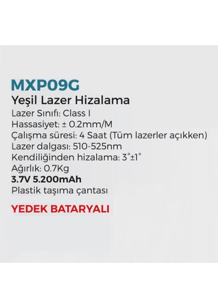 MXP09G Lazer Hizalama Cihazı 3.7V 5200MAH Taşıma Çantalı modelleri