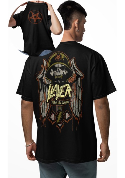 Unisex All Of Life Decays Sırt Yazılı Tişört,oversize Rock Band Slayer Temalı Bisiklet Yaka T-Shirt