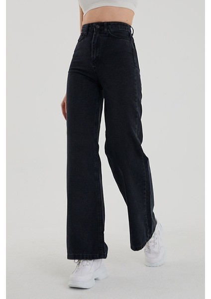 Kadın Solmayan Siyah Yüksel Bel Bol Paça Jeans Palazzo Pantolon