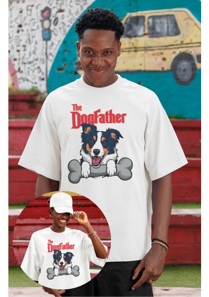 Unisex The Dogfather Baskılı Tişört, Oversize Komik Köpek Temalı Bisiklet Yaka T-Shirt
