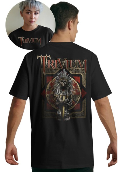 Unisex Trivium Sırt Baskılı Tişört, Oversize Rock Band Temalı Bisiklet Yaka T-Shirt
