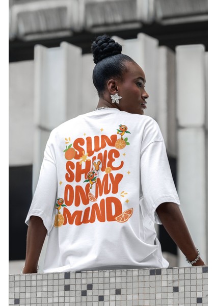 Oversize Sun Shine On My Mind Sırt Baskılı Tişört, Unisex Portakal Temalı Bisiklet Yaka T-Shirt