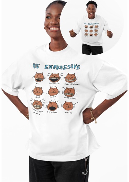 Unisex Be Expressive Baskılı Tişört, Oversize Kedili Duygular Temalı Bisiklet Yaka T-Shirt
