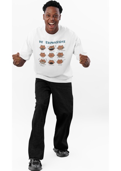 Unisex Be Expressive Baskılı Tişört, Oversize Kedili Duygular Temalı Bisiklet Yaka T-Shirt fiyatları