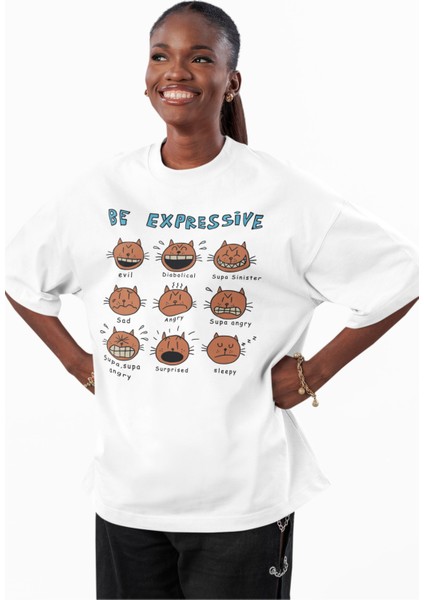 Unisex Be Expressive Baskılı Tişört, Oversize Kedili Duygular Temalı Bisiklet Yaka T-Shirt modelleri