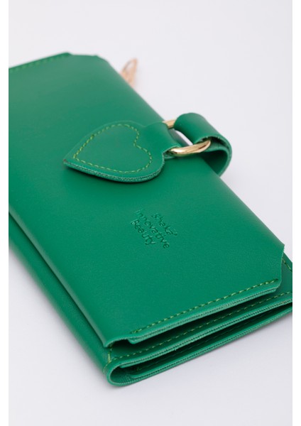 Çimen Yeşili SHK65 Yumuşak Suni Deri Kalpli Çıtçıtlı Telefon Bozuk ve Kağıt Para Bölmeli Kartlıklı Cüzdan fiyatları