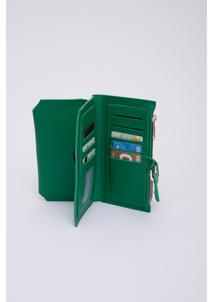 Çimen Yeşili SHK65 Yumuşak Suni Deri Kalpli Çıtçıtlı Telefon Bozuk ve Kağıt Para Bölmeli Kartlıklı Cüzdan fırsatları