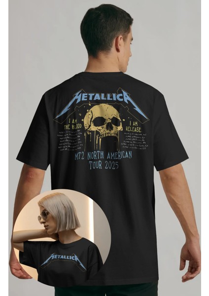 Unisex Metallica North American Tour Sırt Baskılı Tişört, Oversize Rock Band Temalı T-Shirt