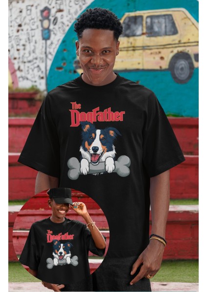Unisex The Dogfather Baskılı Tişört, Oversize Komik Köpek Temalı Bisiklet Yaka T-Shirt