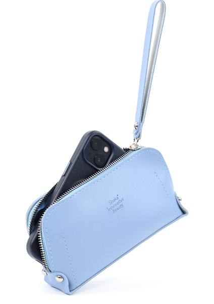 Mavi SHK222 Suni Deri, Fermuarlı ,4 Bölmeli ,askılı Telefon Cüzdanı ve El Çantası