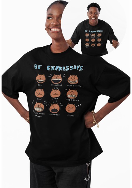 Unisex Be Expressive Baskılı Tişört, Oversize Kedili Duygular Temalı Bisiklet Yaka T-Shirt